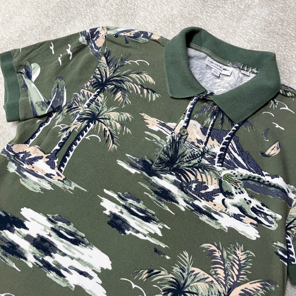 Lacoste Regular Fit Polo Green Tropical Palm Tree Seaplane PH4260 Mens Medium